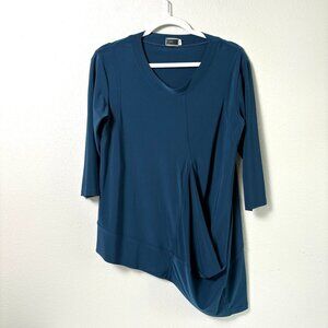 Sympli Asymmetrical Drape Tunic Top Size 10 Blue  Pullover 3/4 Sleeve Stretch